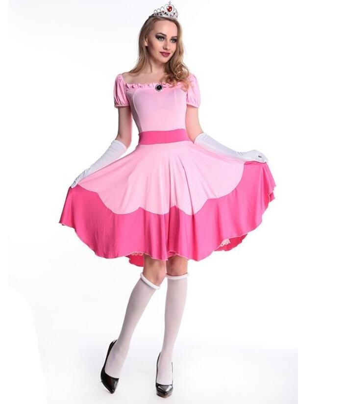 ecowalson Halloween Costume For Women Super Mario Brothers Princess Peach Cosplay Dress Glov Crown Sweet Pink Suit