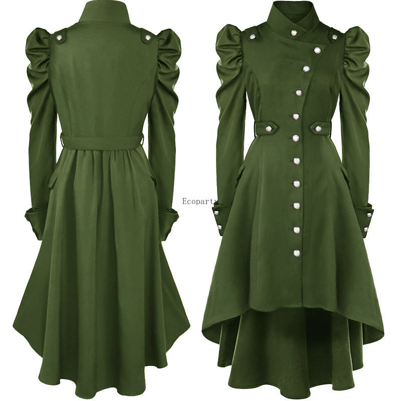 Women Vintage Button Up Dress Puff Sleeves Steampunk Cosplay Jacket Slim fit Retro Lady Long Victorian Gothic Halloween Costume