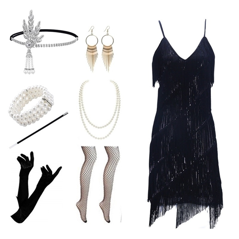 Women Costumes 1920s Great Gatsby Fringed Paisley Flapper Dress with 20s Accessories Set Sexy Party Bodycon  Vestido