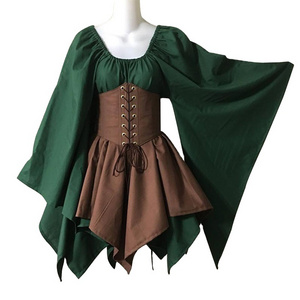 ecowalson Renaissance Vintage Victoria Medieval Costume Women Halloween Cosplay Full Sleeve Waist Bandage Patchwork Dress