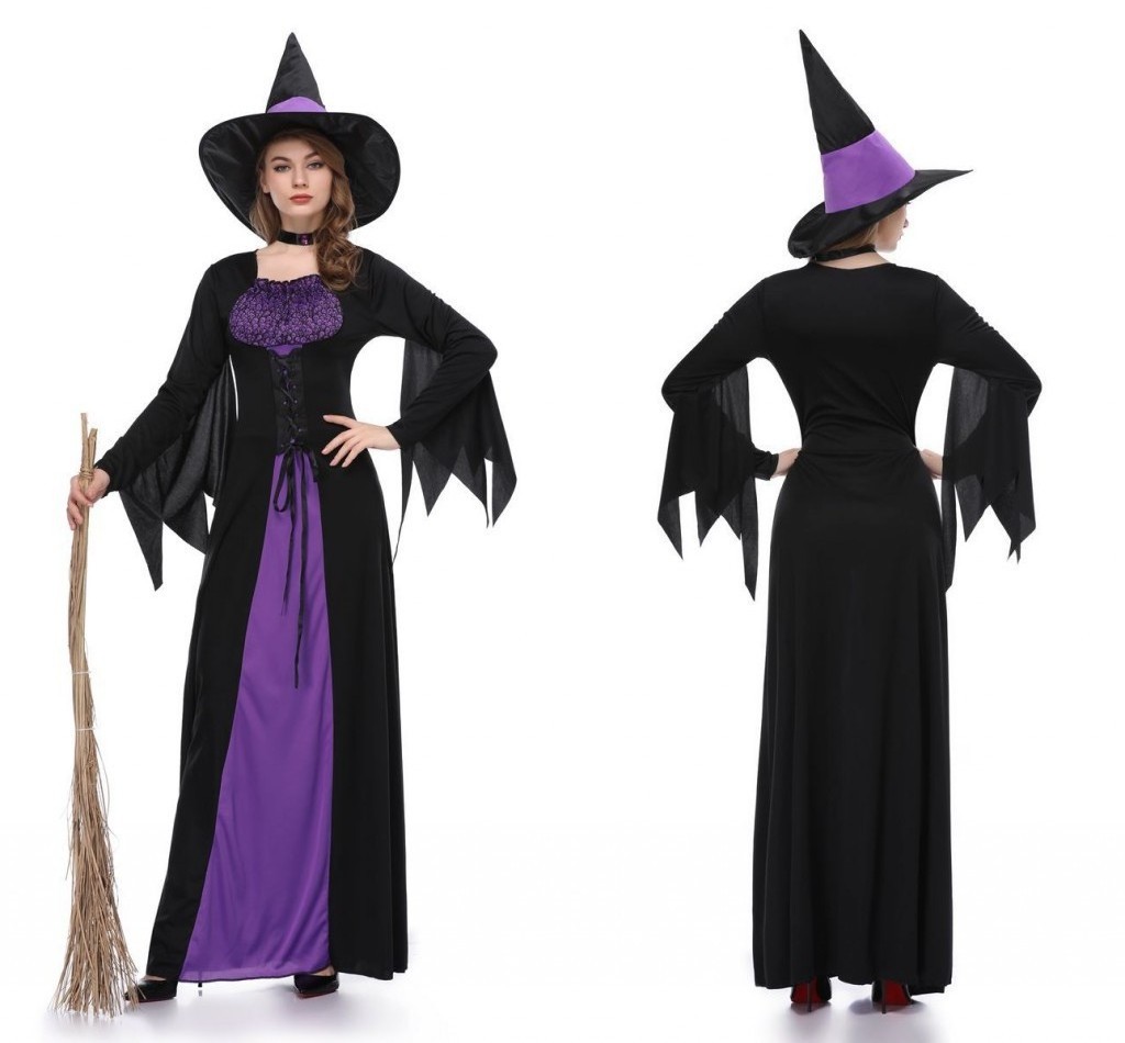 Halloween Witch Vampire Costumes for Women Adult Scary Purple Carnival Party Performance Drama Masquerade Clothing with Hat