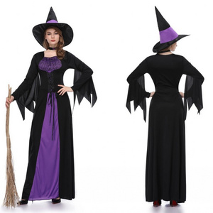 Halloween Witch Vampire Costumes for Women Adult Scary Purple Carnival Party Performance Drama Masquerade Clothing with Hat