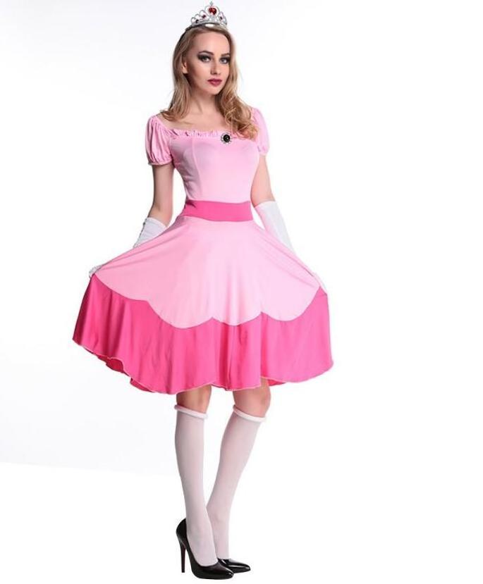 ecowalson Halloween Costume For Women Super Mario Brothers Princess Peach Cosplay Dress Glov Crown Sweet Pink Suit