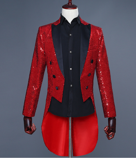 2021 Men Gold  Red Blue Black Sequin Slim Fit Tailcoat Stage Singer Prom Dresses Costume Wedding Groom Suit Jacket