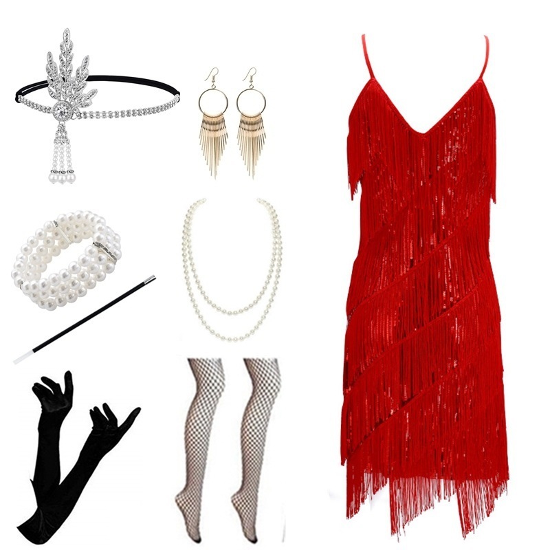 Women Costumes 1920s Great Gatsby Fringed Paisley Flapper Dress with 20s Accessories Set Sexy Party Bodycon  Vestido