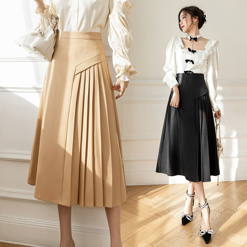 Korean Style Office Lady Asymmetrical Pleated A-line Skirt  Women Spring and Autumn Elegant Solid All-match Midi Casual Skirt