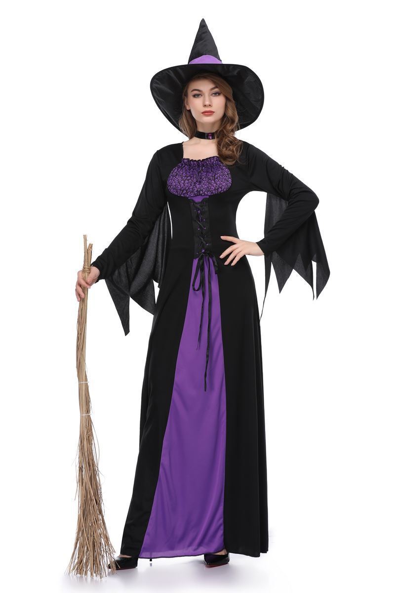 Halloween Witch Vampire Costumes for Women Adult Scary Purple Carnival Party Performance Drama Masquerade Clothing with Hat