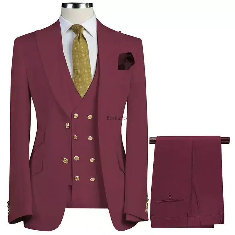 Wholesale Classic Men Suits Slim Fit Groom Tuxudo Wedding Suit Best Man Formal 3 Pieces Set ( Blazer+Vest+Pants+Bow Tie )