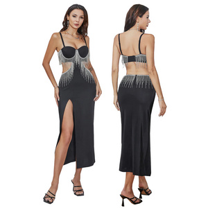 Chic Cutout Rhinestone Maxi Fringe Trim Split Cami Prom Dress Sexy Black Fringed Cut Out Sheath Cocktail Party Dress with Slit