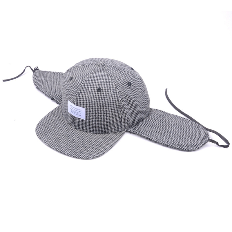 6 Panel Applique Blank Winter Custom houndstooth Hats With Ear Flaps/Ear Flaps Flat Brim TROOPER Cap