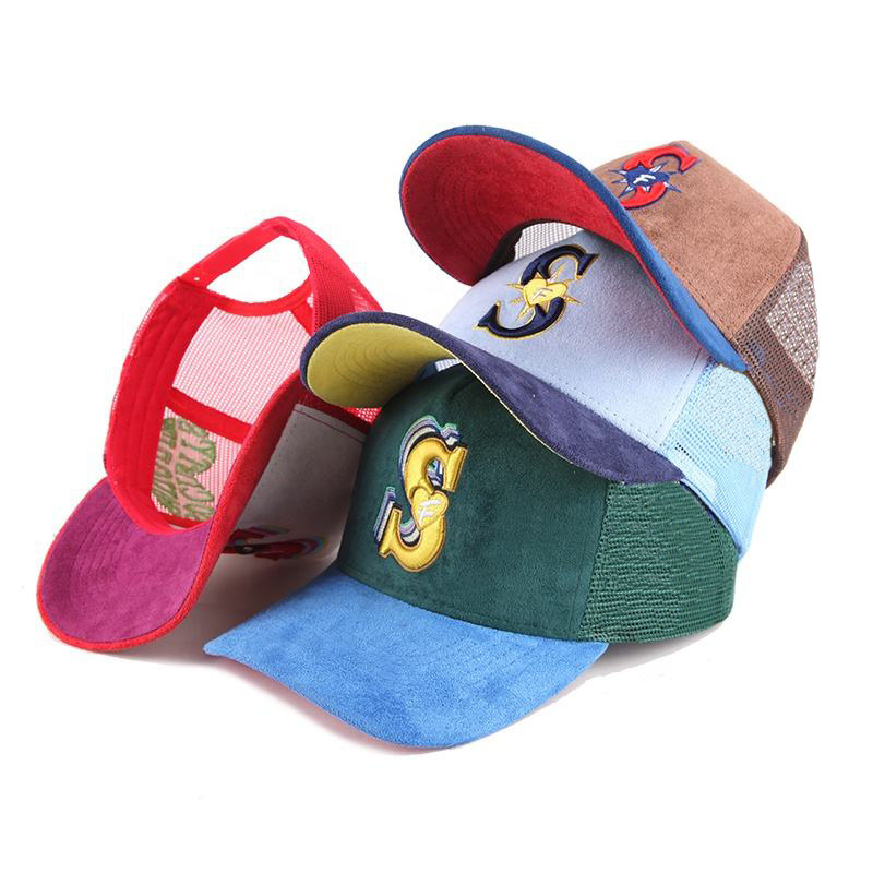 Wholesale Custom High Quality 5 Panel Towel Embroidery Heart Logo Suede Baseball Curved Brim Mesh Hat Corduroy Trucker Hat