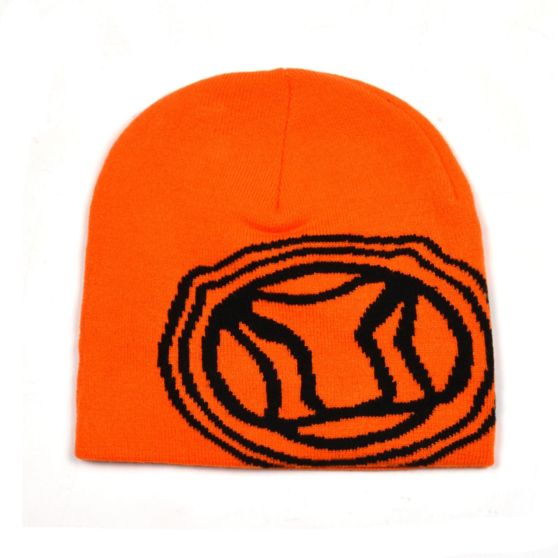 High quality Custom fashion embroidery jacquard logo Soccer Football Skull Orange acrylic beanie