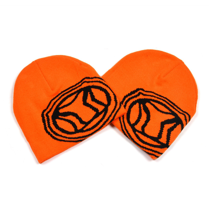 High quality Custom fashion embroidery jacquard logo Soccer Football Skull Orange acrylic beanie