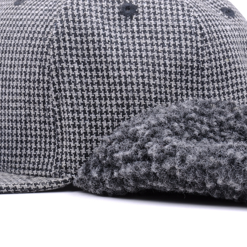 6 Panel Applique Blank Winter Custom houndstooth Hats With Ear Flaps/Ear Flaps Flat Brim TROOPER Cap