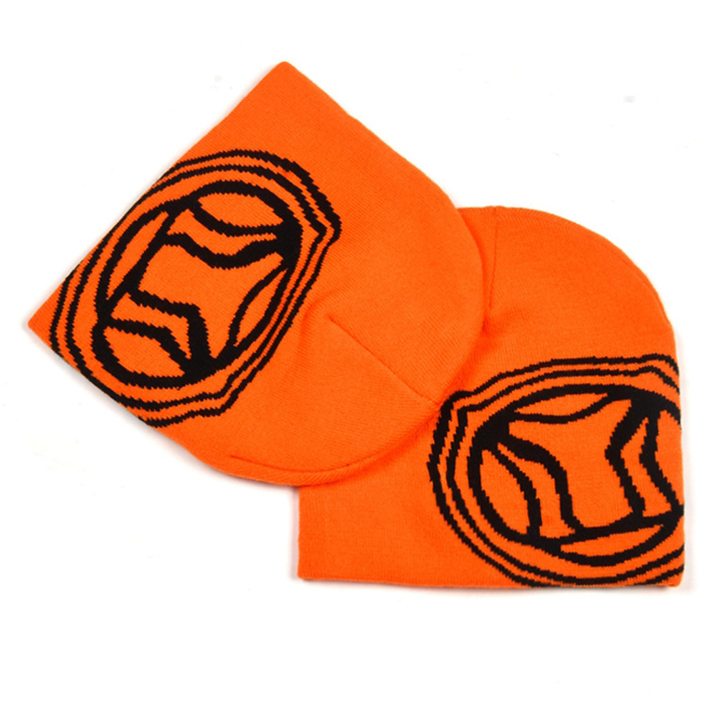 High quality Custom fashion embroidery jacquard logo Soccer Football Skull Orange acrylic beanie