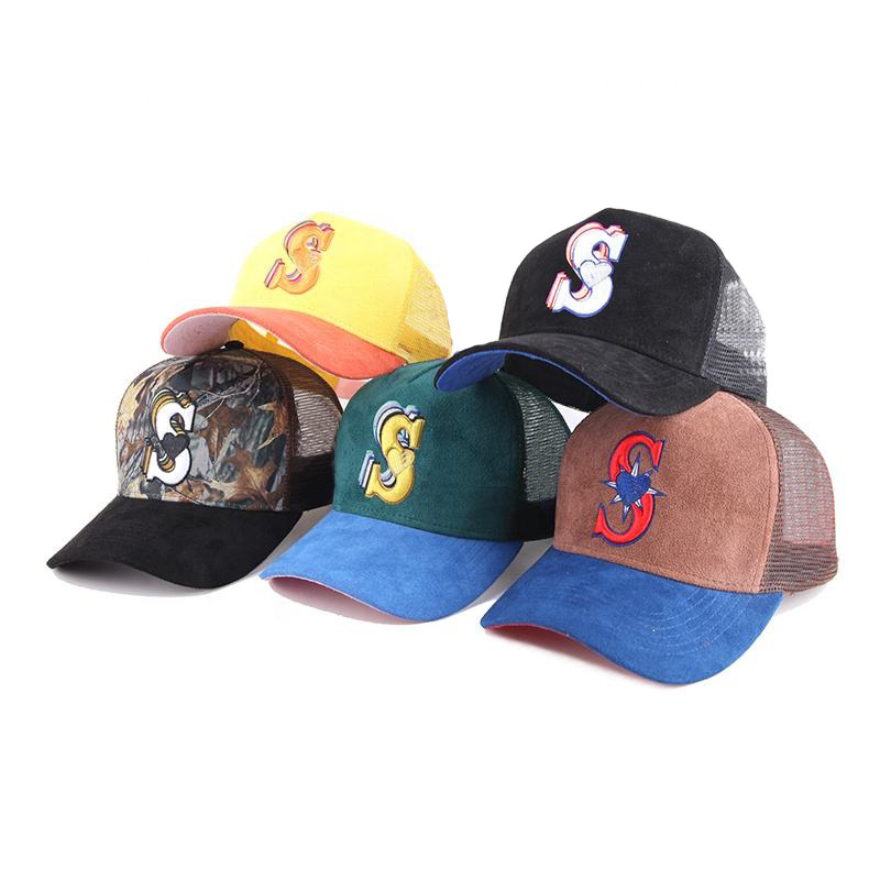 Wholesale Custom High Quality 5 Panel Towel Embroidery Heart Logo Suede Baseball Curved Brim Mesh Hat Corduroy Trucker Hat