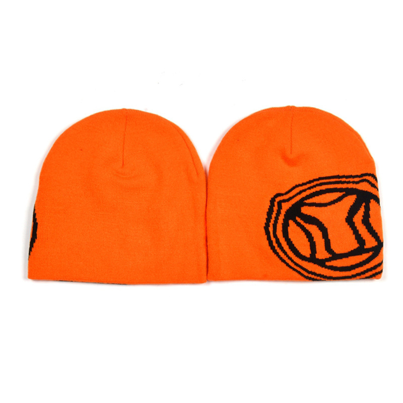 High quality Custom fashion embroidery jacquard logo Soccer Football Skull Orange acrylic beanie