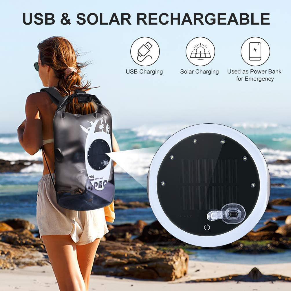 Durable camping roll top Dry Bag solar power LED lights Waterproof hiking backpack with bluetooth speaker