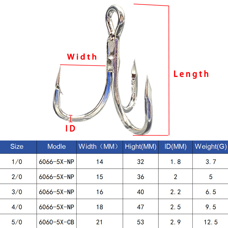 BKK 6066-5X-NP Strong Salt Water Fish Hook Single Shape Teeth Bright Tin Treble Hook for Swinging Small Fish Bait Sea Fishing