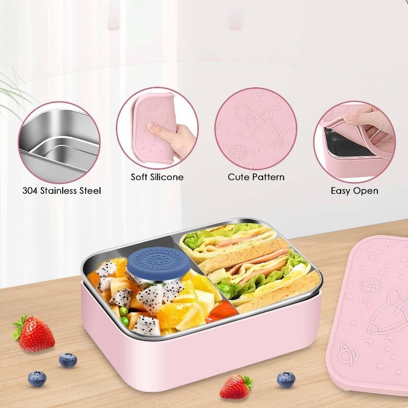 Leakproof Food Container Stainless Steel Thermal Lunch Box 2 Compartment Silicone Kids Lunch Box