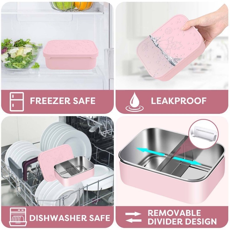 Leakproof Food Container Stainless Steel Thermal Lunch Box 2 Compartment Silicone Kids Lunch Box