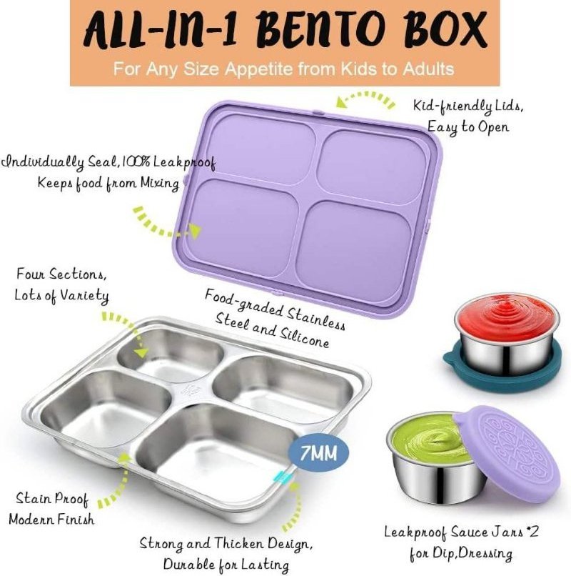 4 Compartment Leak Proof Bento Lunch Box Utensils Stainless Steel Lunch Container With Silicone Lid