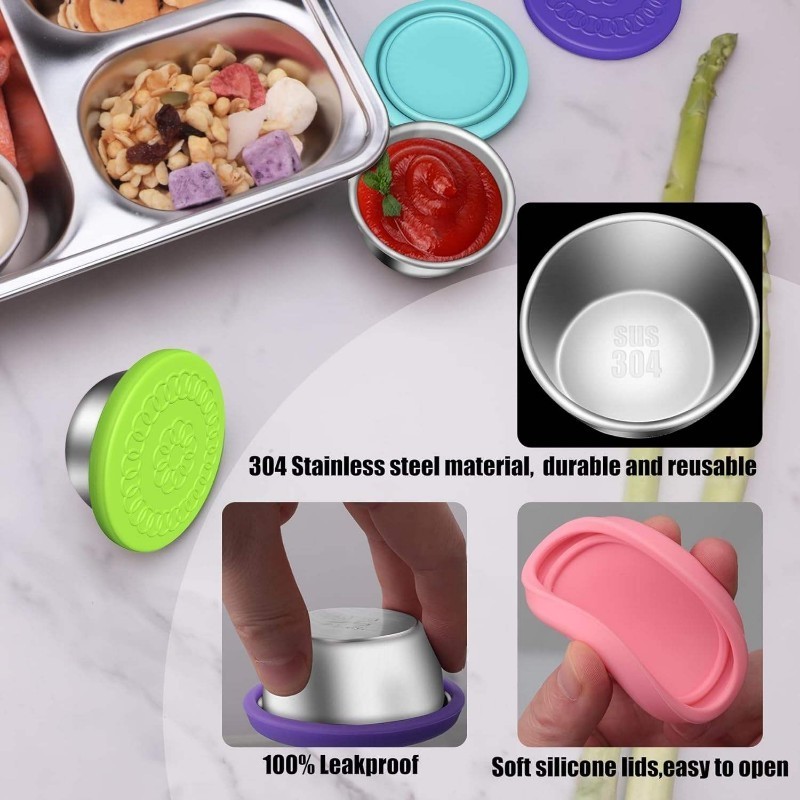 Stainless Steel Salad Dressing Snack Cup Small Condiment Containers With Lids Premium Silicone Leakproof Reusable Sauce Cups