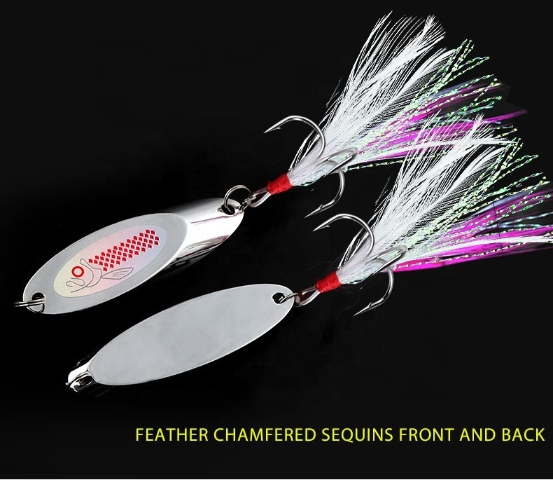 High quality Metal spinner spoon lure feather treble hook manufacturer supply low price 7-80g fishing tackle attractive