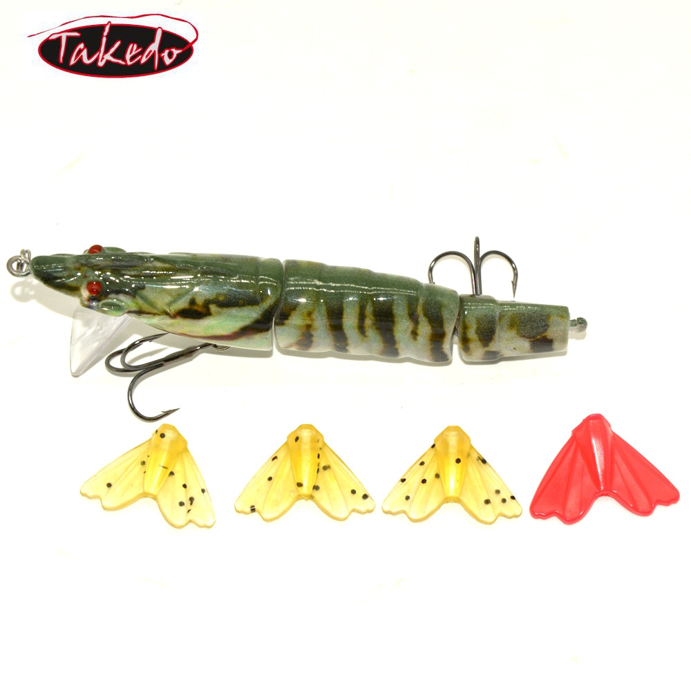 TAKEDO wholesale  HJ02A 110mm 17.0g Multi jointed Shrimp Hard bait fishing shrimp lure bass lure with 4 Detachable tails