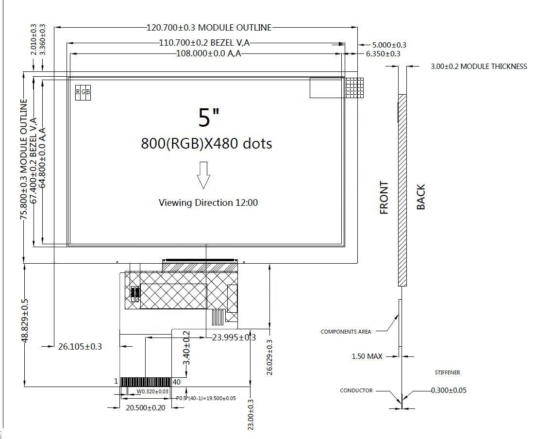 high brightness LCD Factory 500cd/m2 nits 800x480 display RTB TTL 5 inch tft lcd screen