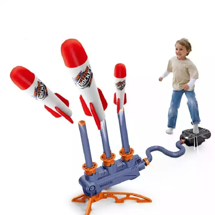 Hot Selling Outdoor 2 IN 1Child Pedal Model EVA Foam Three Shooter Air Pressure Stomp Rocket Launch Toys Sports Games