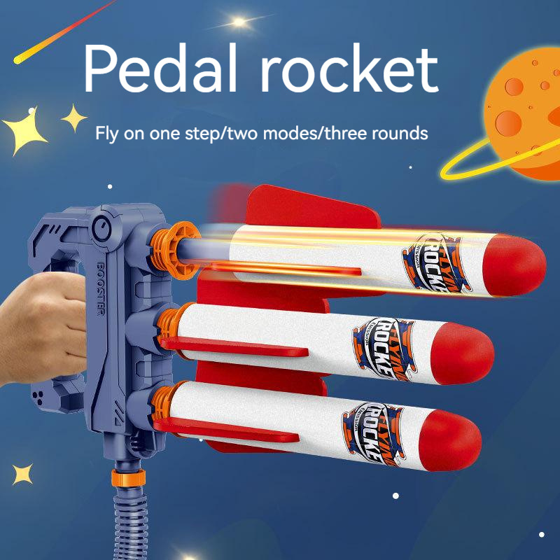 Hot Selling Outdoor 2 IN 1Child Pedal Model EVA Foam Three Shooter Air Pressure Stomp Rocket Launch Toys Sports Games