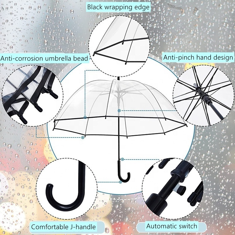 Clear Bubble Umbrella Rain Windproof Automatic Open Crook Handle Umbrella for Weddings Prom Graduation Outdoor Events