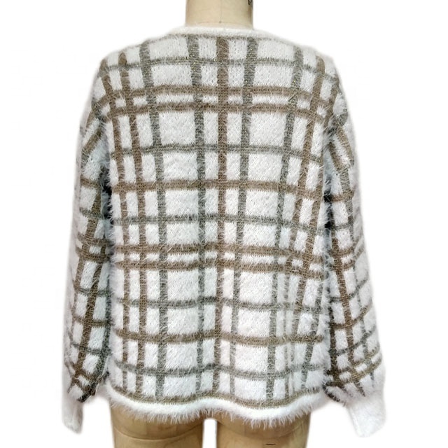 Long sleeve side pockets argyle pattern fuzzy short open cardigan custom women sweater