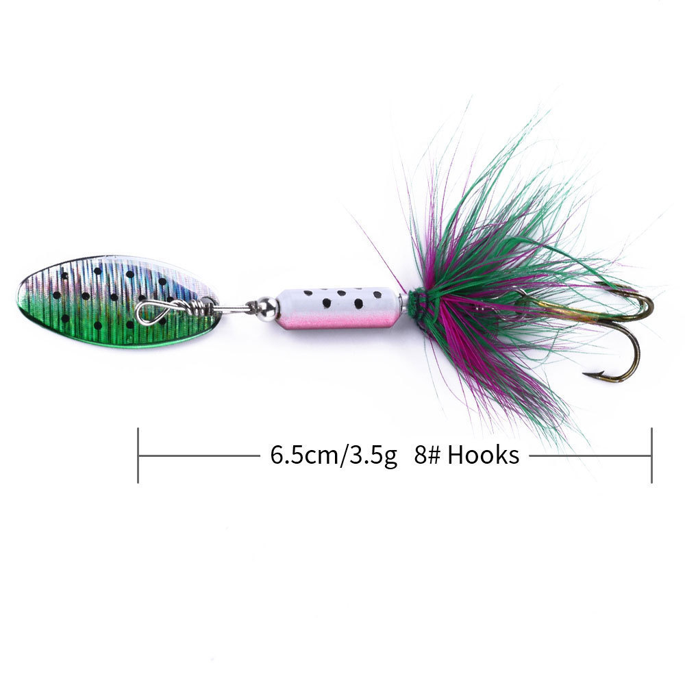 Wholesale  6.5cm 3.5g Feather Tie Metal Spinner Lure Fishing Lure Metal Spoon Spinner Bait Fishing Lure with Feather Treble Hook