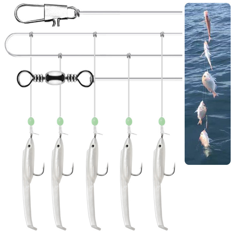 Wholesale 5Pcs/Bag Soft Lure Baits Eel Sabiki Lure Set  Ocean Fishing String Hook with Barb Metal Connector