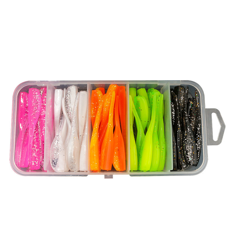 Wholesale 50Pcs/Box Factory Price Fishing Soft Bait Set 5cm 1g Fishing Lures Colorful Worm Swing Fishing Spinner Bait