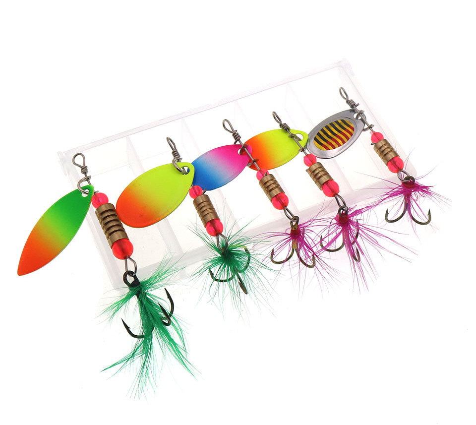 5pcs/Set Fishing Lures Trout Spoon Metal Spinners Baits for Jig Fly Fishing Baits Sea Hard Lures with Feather Swimbait Hooks