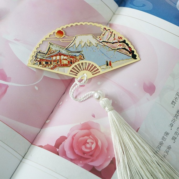 Chinese style round silk fan shape metal bookmark custom metal fan bookmark with tassels