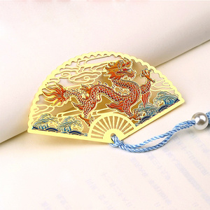 Chinese style round silk fan shape metal bookmark custom metal fan bookmark with tassels