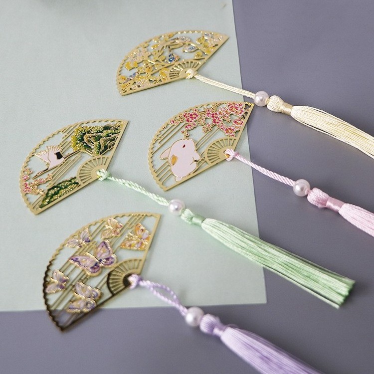 Chinese style round silk fan shape metal bookmark custom metal fan bookmark with tassels