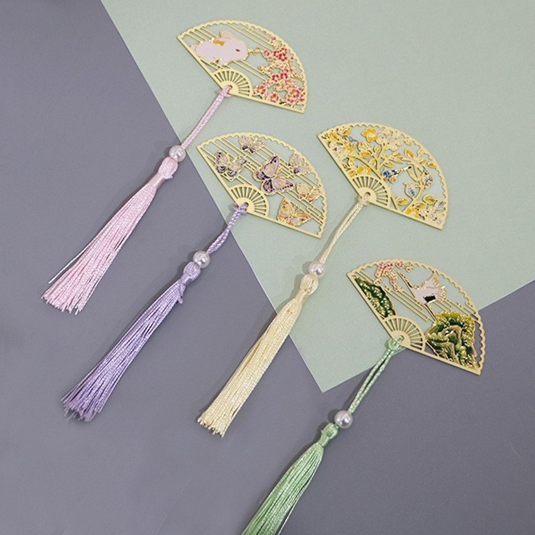 Chinese style round silk fan shape metal bookmark custom metal fan bookmark with tassels