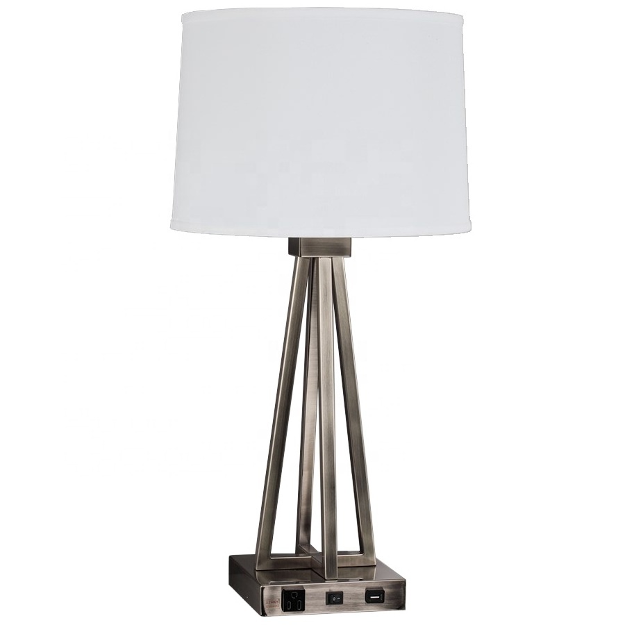 UL CUL Listed Brushed Nickel Bedside Power Outlet Hotel Table Lamps With USB Port T20313