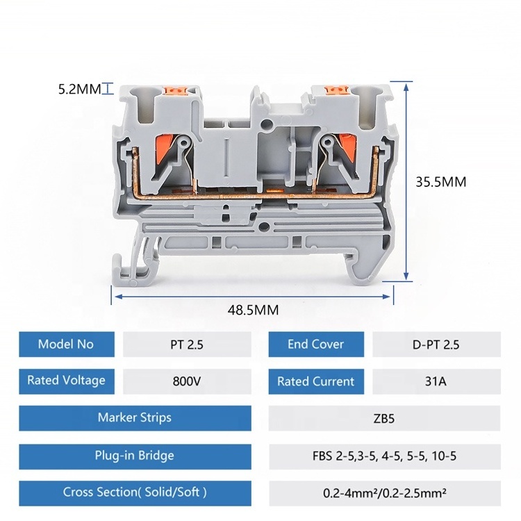 PT 2.5 Electric Nylon Plastic Brass Feed Through Screwless Quick Wire Connector Pluggable Push-in Spring Din Rail Terminal Block