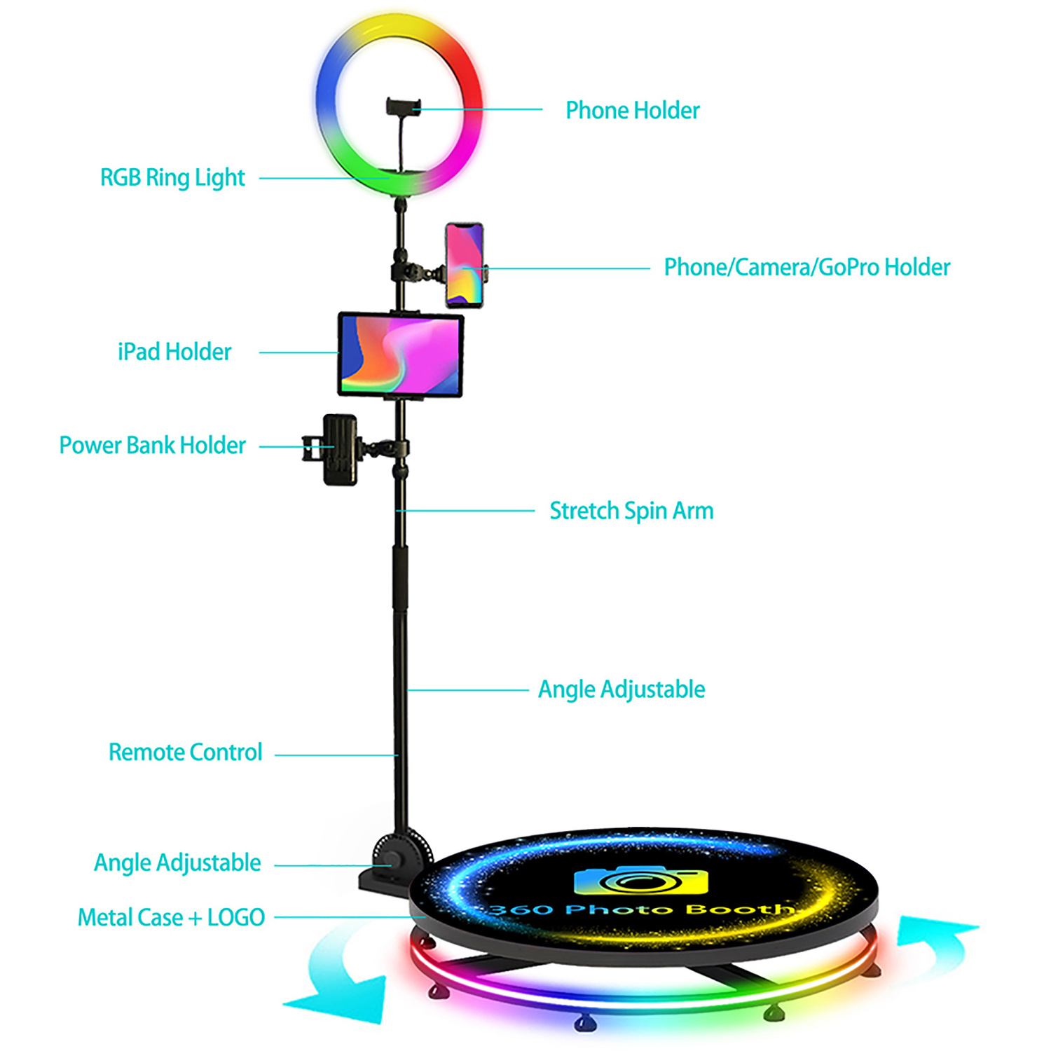 Drop shipping dhl 360 photo booth Automatic Led Lights Ring Light Camera Party Instant Selfie Photo Booth Machine Box