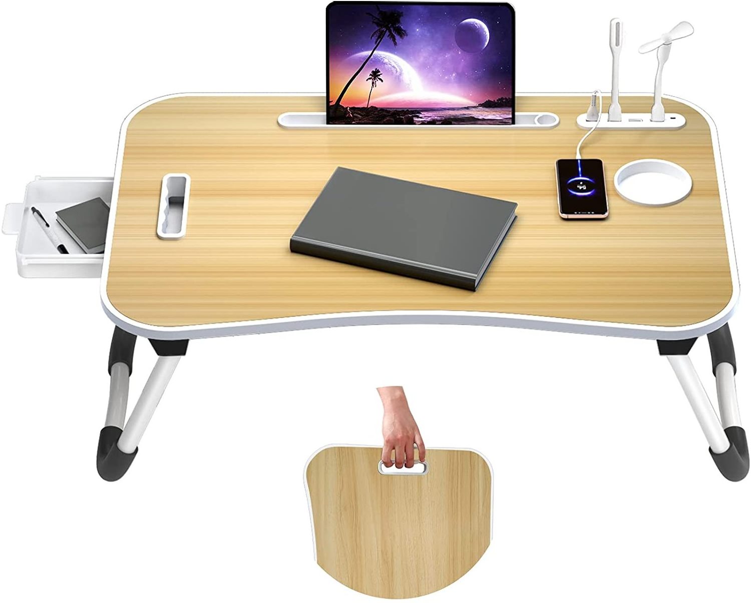 Laptop Lap Bed Desk, Portable Foldable Laptop Tray Table with Handle USB Charge Port, Storage Drawer Cup Holder, Lamp, Fan