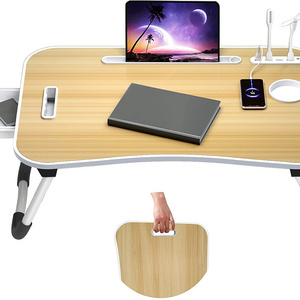 Laptop Lap Bed Desk, Portable Foldable Laptop Tray Table with Handle USB Charge Port, Storage Drawer Cup Holder, Lamp, Fan