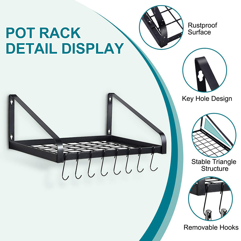 Pot and Pan Organizer Wall Mounted Pots Holder Kitchen Storage Shelf Hanging Pot Rack with 8 Hooks