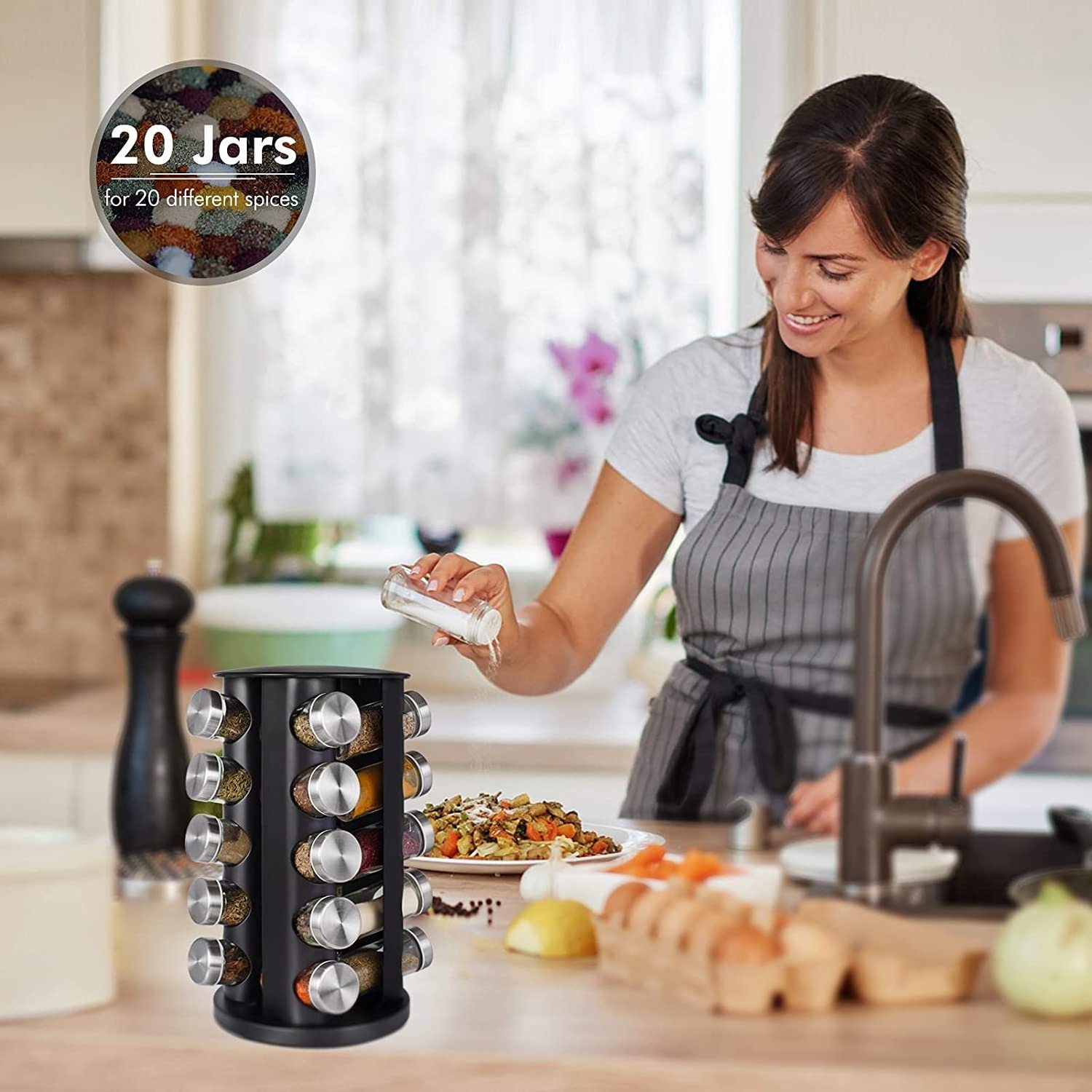 360 Rotating Kitchen Black Metal 20 Jar Spice Carousel Spice Rack with Glass Jars Set and Labels for Bottles