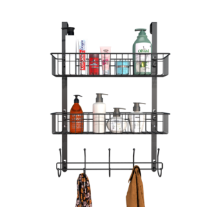 Coat Rack Over The Door Hanger with Mesh Basket Detachable Storage Shelf for Towels Hats H Storage at Home or Office